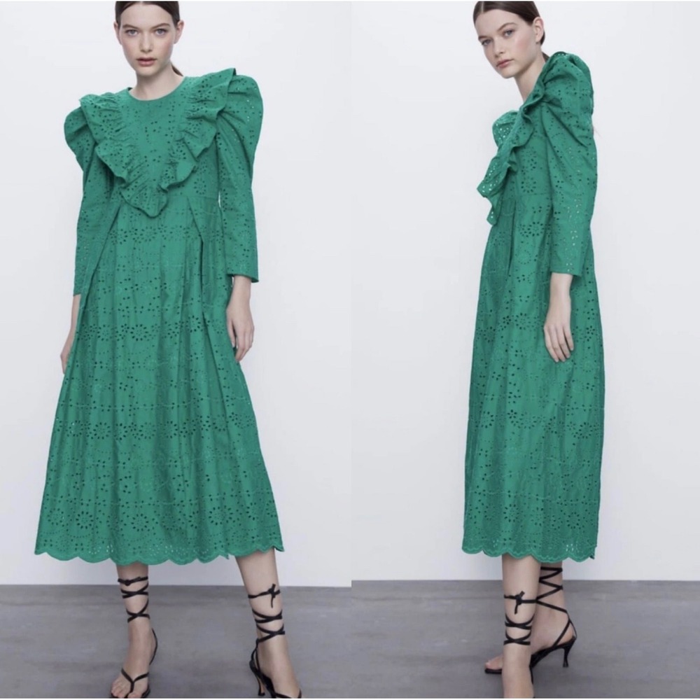 Zara Green Eyelet Embroidered Midi Dress Ruffle Puff Sleeve Small Peasant